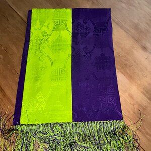 Shanghai Tang 100% Silk Scarf Jacquard Chinese Motifs Longevity, Purple Lime